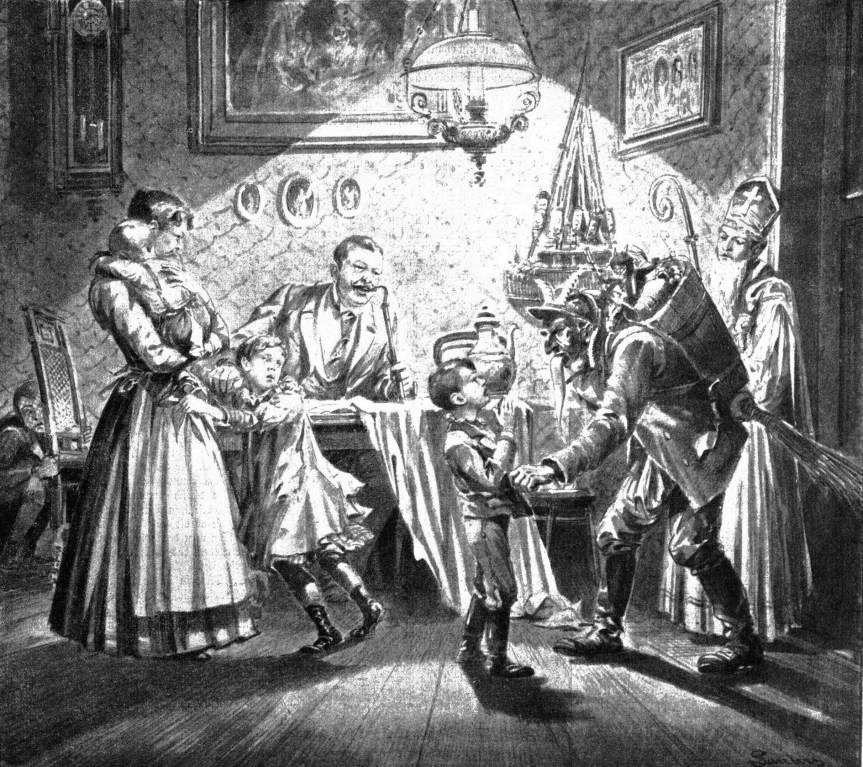 Krampus and St. Nicholas visit a Viennese home in 1896 [photo credit: public domain]