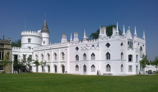 Horace Walpole's Twickenham house, Strawberry Hill, gleaming white in spring sunshine, soon after restoration. [photo credit: Chiswick Chap via Creative Commons license]